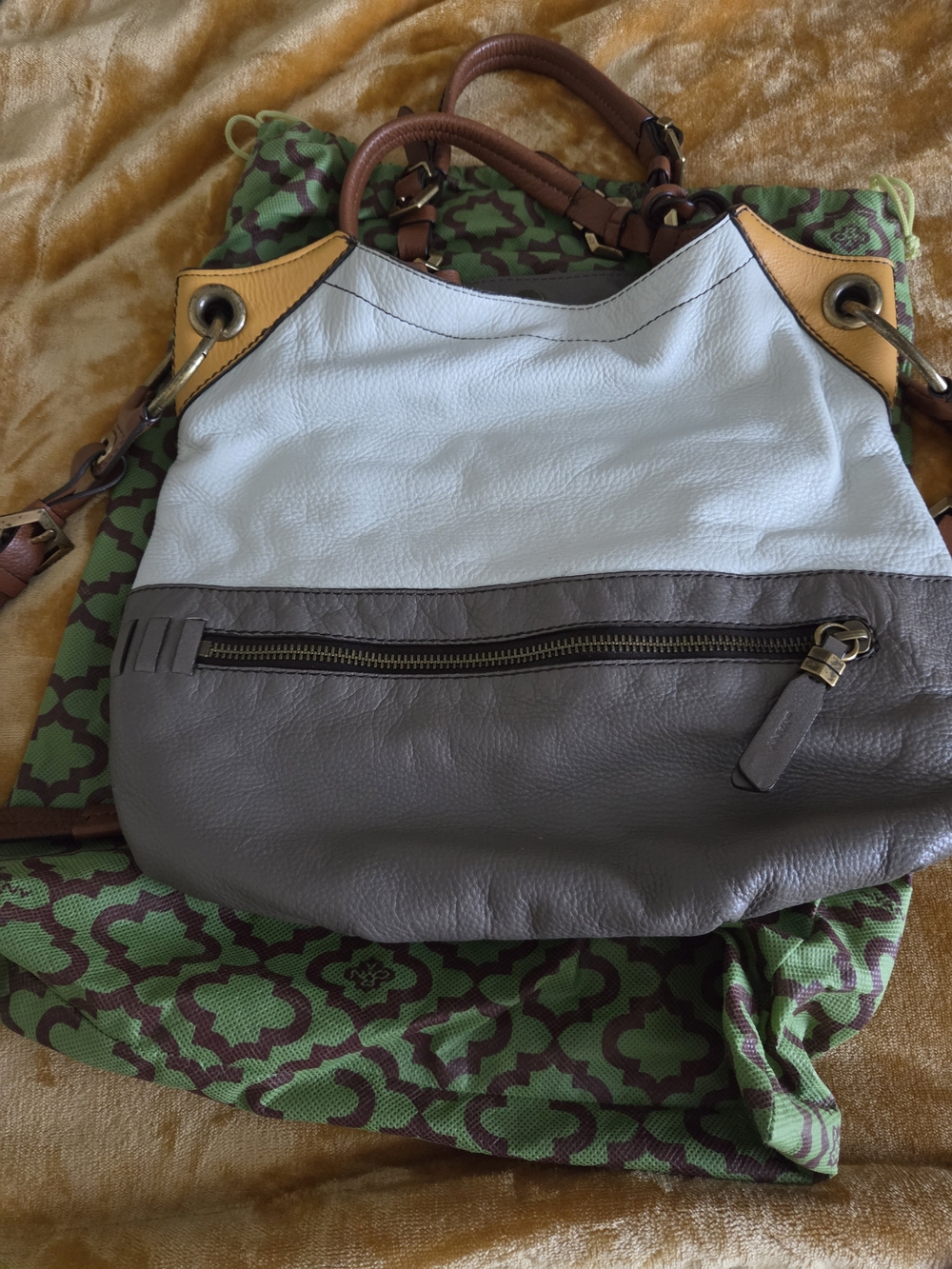 Only Worn Once! Colorblock Pebble Leather Shoulder Bag: Gray, Ivory, Yellow Trim